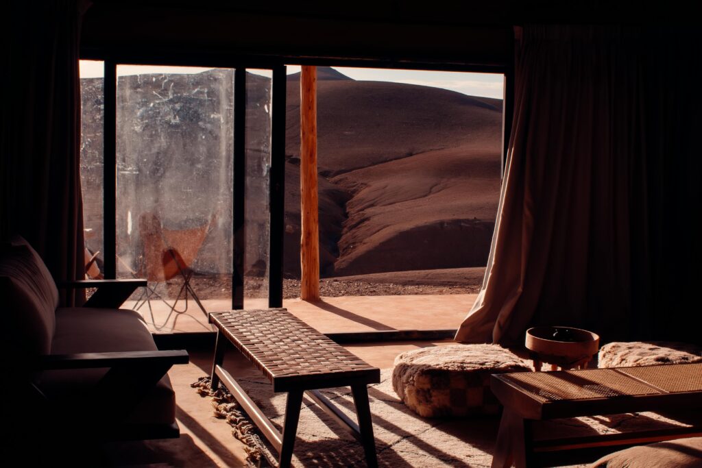 Elegant interior with desert view in Agafay, Morocco. Perfect blend of nature and luxury.